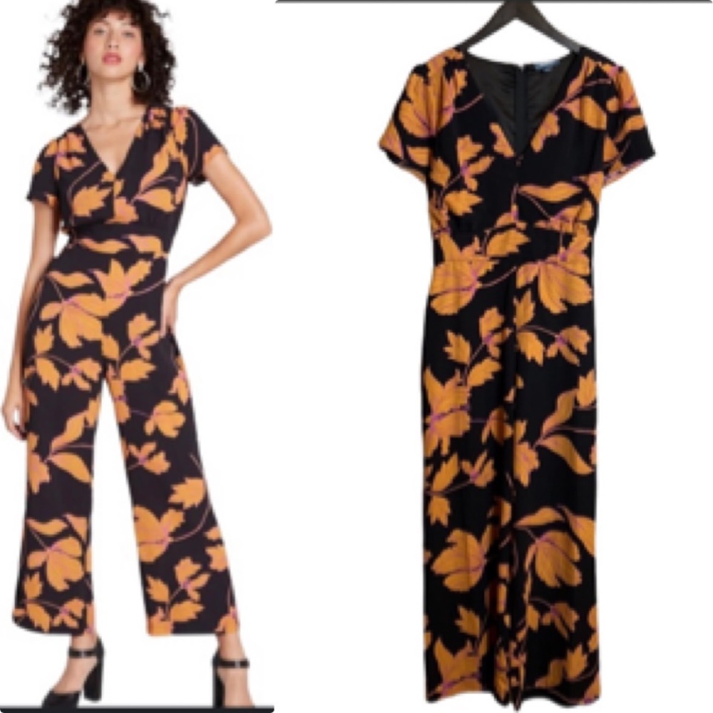 - MODCLOTH JUMPSUIT AIMING HIGHER BLACK GOLD FLORAL CROPPED WIDE LEG PANT